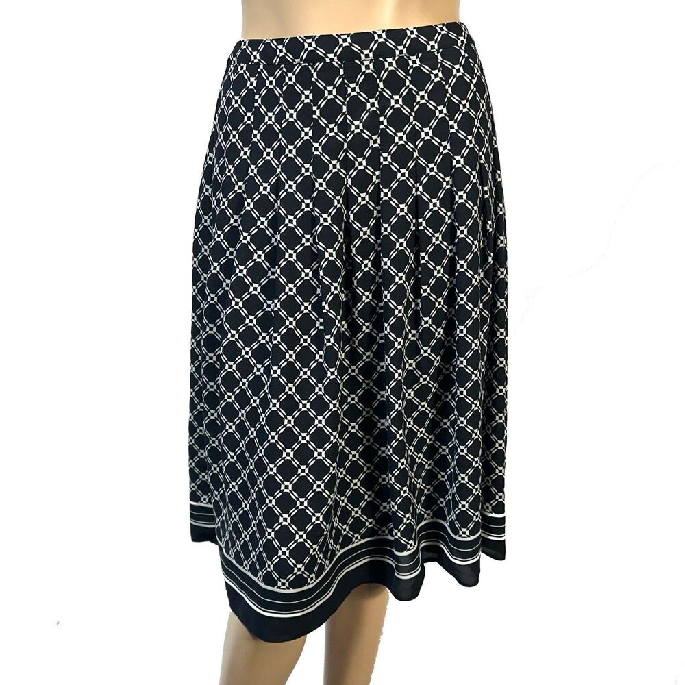 TALBOTS PLEATED SKIRT Size 6 Black Dark Navy  Geometric Print A-Line Below Knee